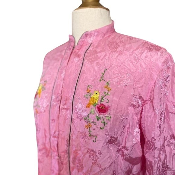 Golden Bee Vintage Pink Silk Damask Embroidered Bird Mandarin Jacket Womens L - Picture 3 of 6